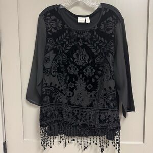 Chico's Black Burnout Velvet Top Fringe Goth Witchy Festival Size 2 / Large